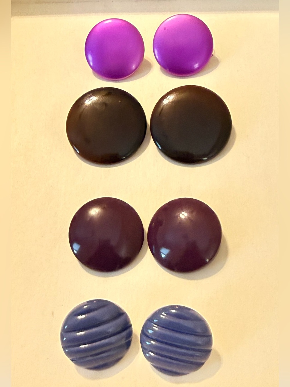 80’s clip-on Round Button Earrings - Purple, Brown, Plum, Lavender